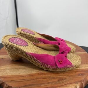 Anna Sui pink suede espadrille wedge knot sandals with a cherry charm sz 38